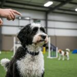 En hund tränas i en inomhushall för agility.